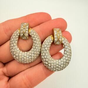 Vtg Roman Pave Crystal Door Knocker Oval Earrings Pierced Textured Silver Tone